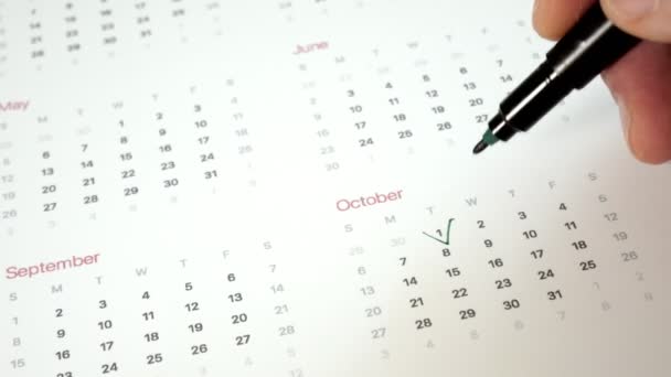 Meld u de dag in de kalender met een pen, trekken van een teek — Stockvideo