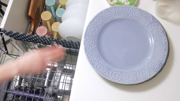 Una giovane donna depone un piatto pulito da una lavastoviglie — Video Stock