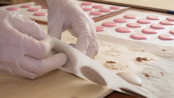 Szakács, hogy egy macaron, amelyek között van egy krém. Szakács teszi gyönyörű desszertek a saját kezükbe. — Stock videók