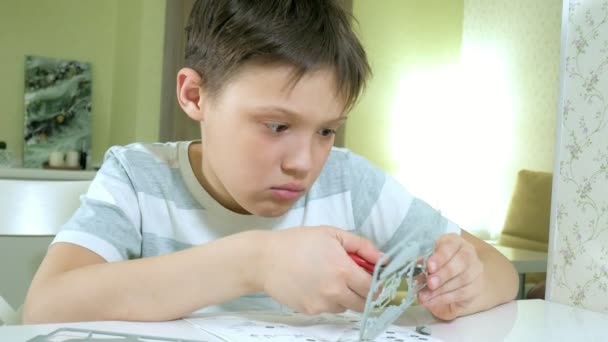 The boy creates a plastic model airplane, an exact copy, from the designer — Stock Video