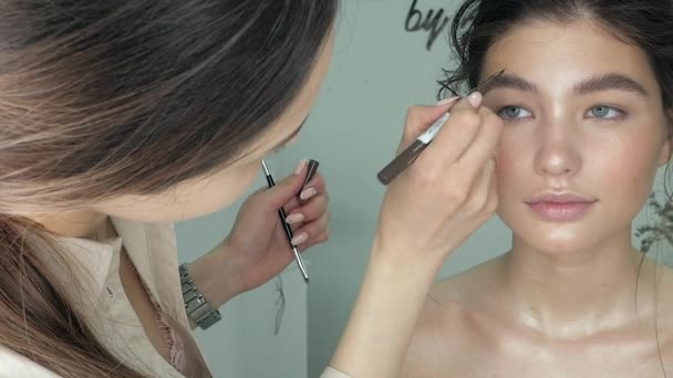 Junge schöne Frau trägt Make-up von Visagistin auf — Stockvideo