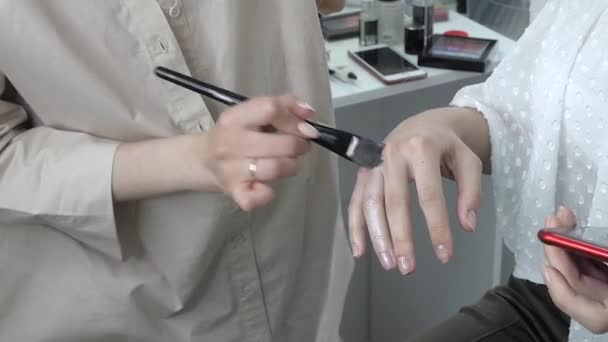 Joven hermosa mujer aplicando maquillaje por maquillador — Vídeos de Stock