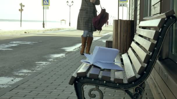 Junge, schöne, schöne Frau, die auf einer Bank im Park sitzt und ihr Notizbuch in der Hand hält. Sie trägt einen Mantel. sie macht Notizen und sieht sehr romantisch aus. — Stockvideo