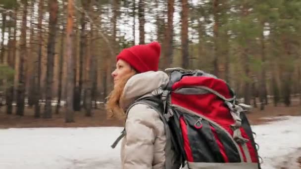 En attraktiv ung kvinna i en röd hatt promenader genom skogen tidigt på våren med en stor turist-ryggsäck — Stockvideo