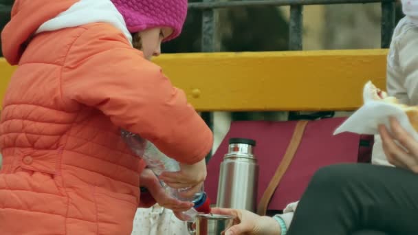 Une belle fille et sa mère sont assises sur un banc de parc et mangent un délicieux dessert et boivent le thé d'un thermos au début du printemps — Video