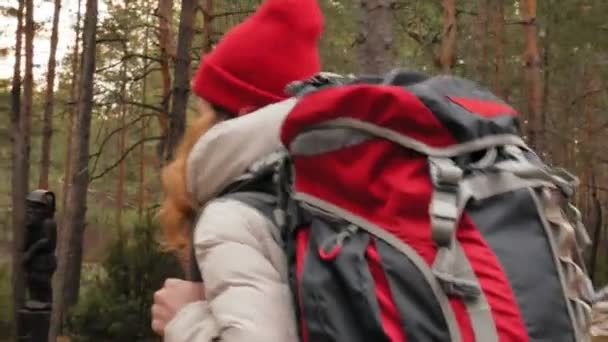 An attractive young woman in a red hat walks through the forest in early spring with a large tourist backpack — Stock Video