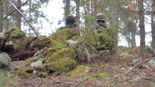 Солдаты в камуфляже с боевым оружием стреляют в укрытии леса, военная концепция — стоковое видео