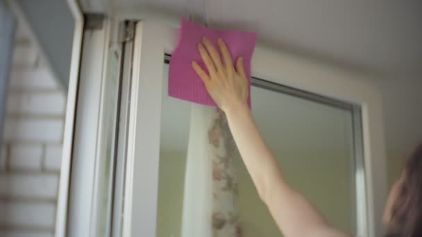 Attraktiv tjej tvättar windows hemma. Att städa upp huset. — Stockvideo