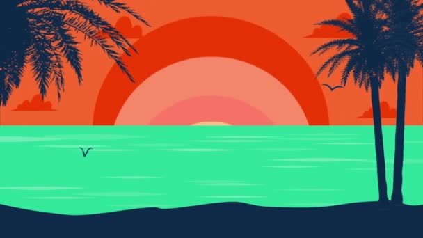 Восход солнца в океане. На переднем плане находится пляж с пальмами. 2d иллюстрированная анимация — стоковое видео