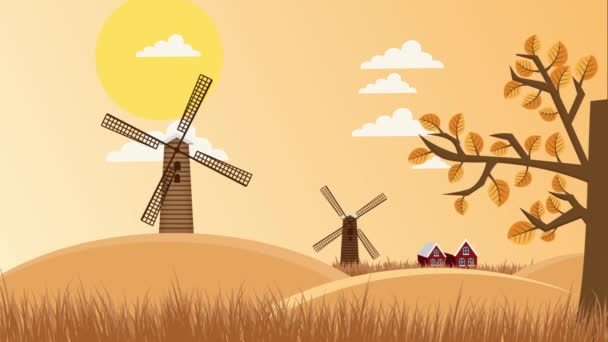 Werk windmolens in het veld. 2d geïllustreerde animatie — Stockvideo