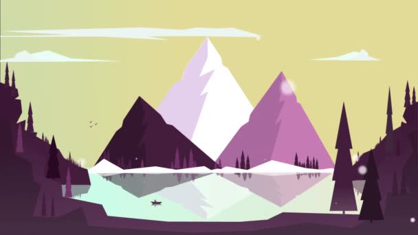 Lonely boat on sea in the background mountains at dawn in the winter. Snowing. Illustrated animation — Stock Video