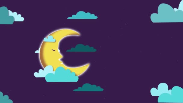 Cartoon animation of the night sky with the movement of clouds and the moon, abstract background. motion video — Stock Video