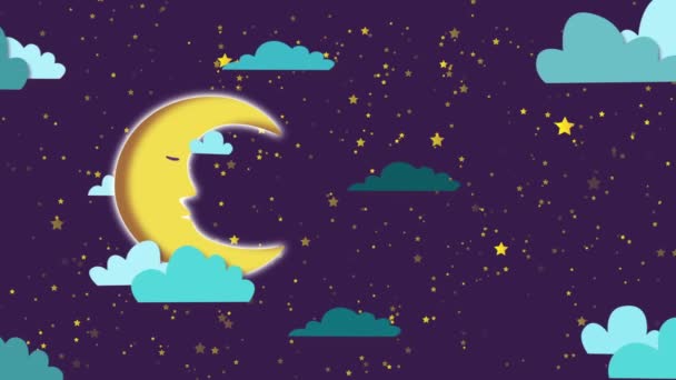 Animación de dibujos animados del cielo nocturno con el movimiento de las nubes y la luna, fondo abstracto. vídeo en movimiento — Vídeo de stock