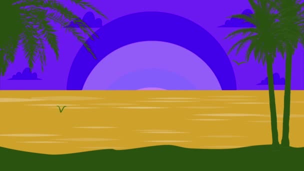 Sonnenaufgang auf dem Ozean. Im Vordergrund befindet sich ein Strand mit Palmen. 2d illustrierte Animation — Stockvideo