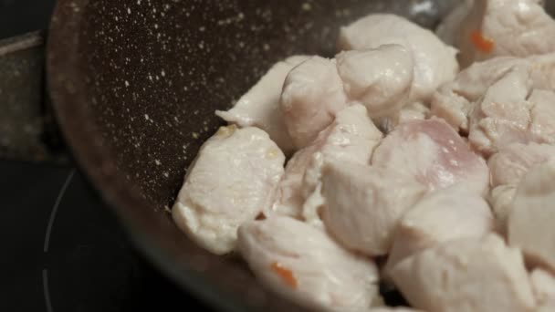 Frying meat in a pan. — Stock Video