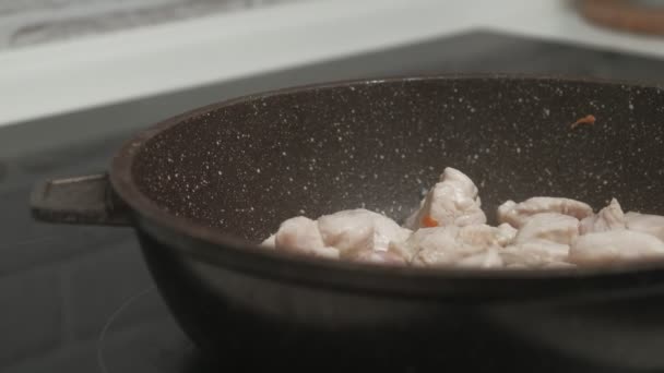 Frying meat in a pan. — Stock Video