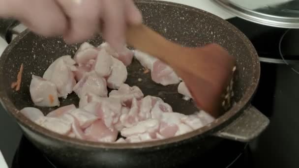 Freír carne en una sartén . — Vídeo de stock