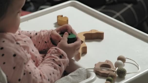 La bambina sta giocando con un giocattolo di legno. Lo sviluppo delle capacità motorie — Video Stock