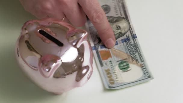 Piggy bank roze varken. Investeringen en zaken. Mens en geld — Stockvideo