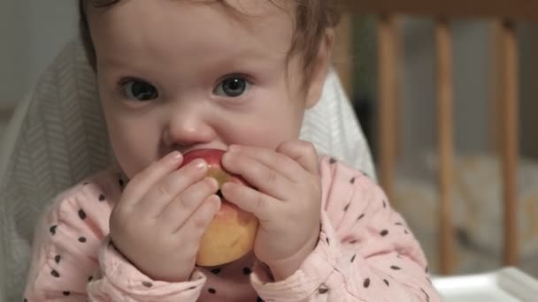Petite fille gosse manger une pomme . — Video