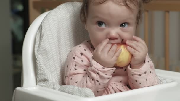 En liten flicka som äter ett äpple. — Stockvideo