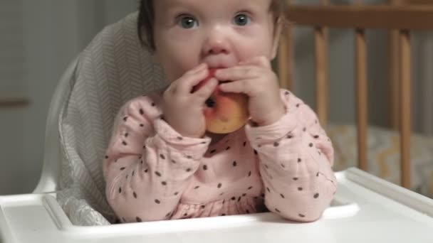 小さな子供の女の子はリンゴを食べる. — ストック動画