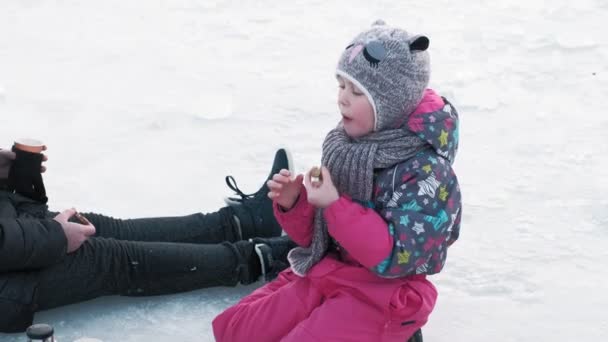 Люди ходят по замерзшей реке — стоковое видео