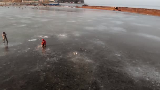 Pesca de inverno. vídeo aéreo — Vídeo de Stock