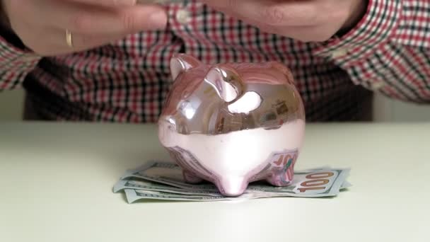 貯金箱のピンクの豚。投資とビジネス。男とお金 — ストック動画