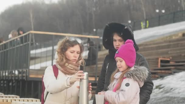 얼어붙은 강에서 가족 소풍을 가다. — 비디오