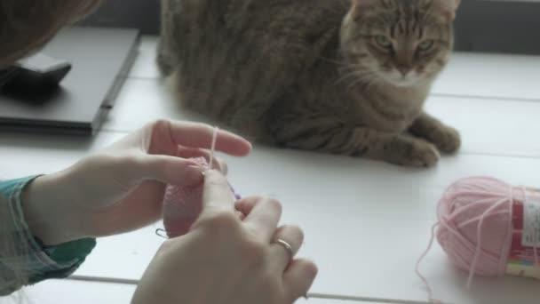 Une jeune femme au crochet . — Video