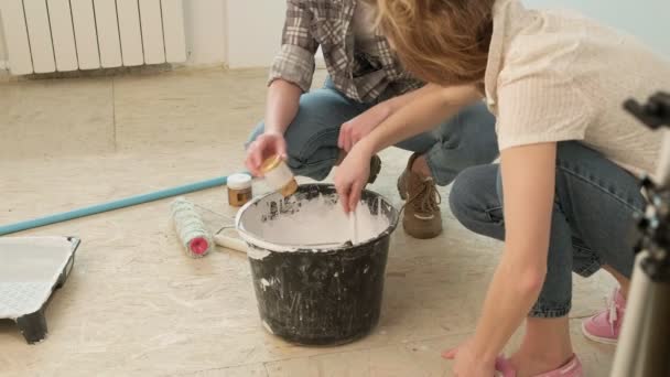 Kadın ev ressamları odadaki duvarları boyuyor.. — Stok video