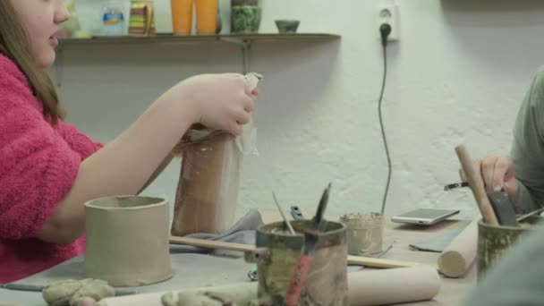 Childrens master class in clay modeling. Ceramic workshop — Stock Video