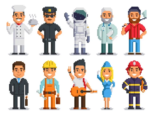 Pixel Art Charaktere Berufe Menschen isoliert Set — Stockvektor