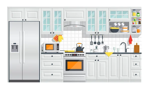 Kitchen white furniture with appliances illustration. — Stock Vector