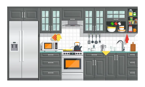 Cucina mobili bianchi con elettrodomestici illustrazione . — Vettoriale Stock