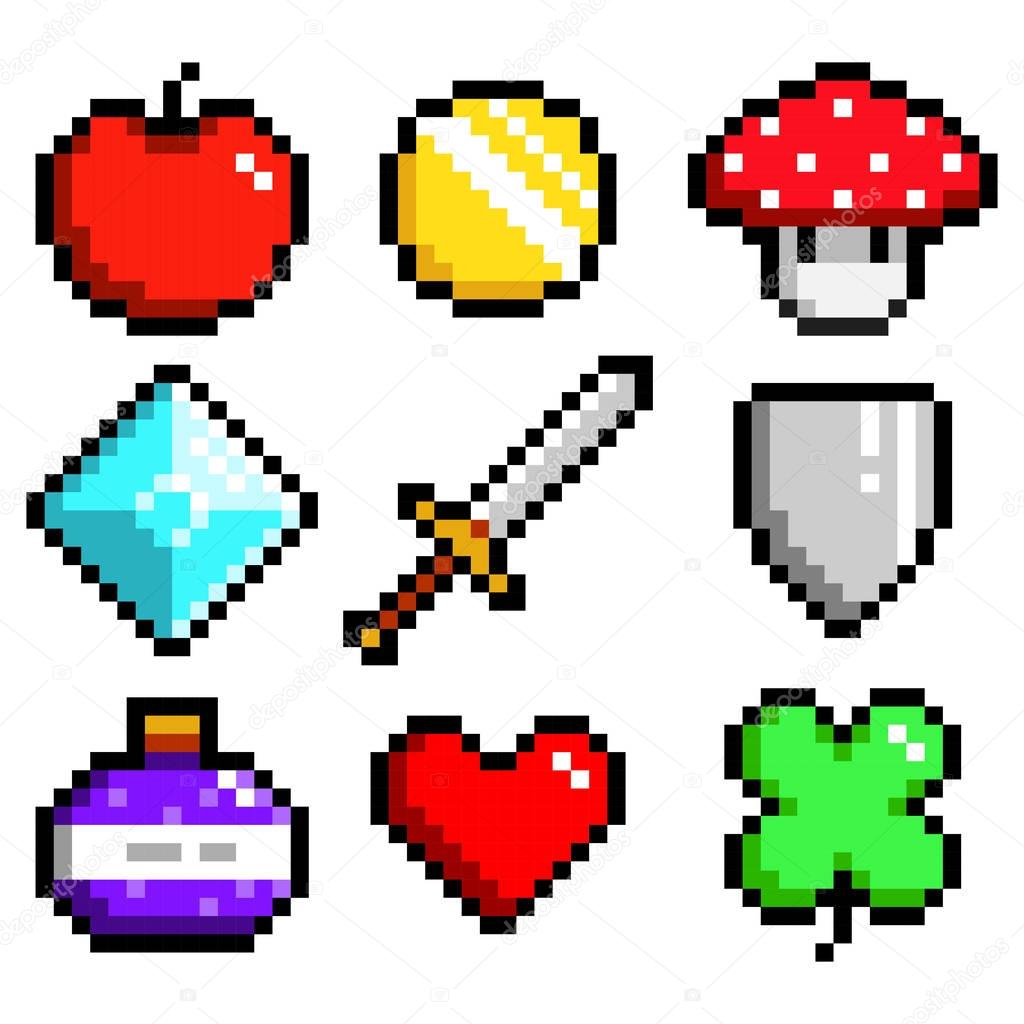 Set of minimalistic pixel art vector objects isolated. game 8 bit style. minimalistic pixel graphic symbols group collection. apple, coin, mushroom, diamond, sword, shield, potion, heart, lucky clever