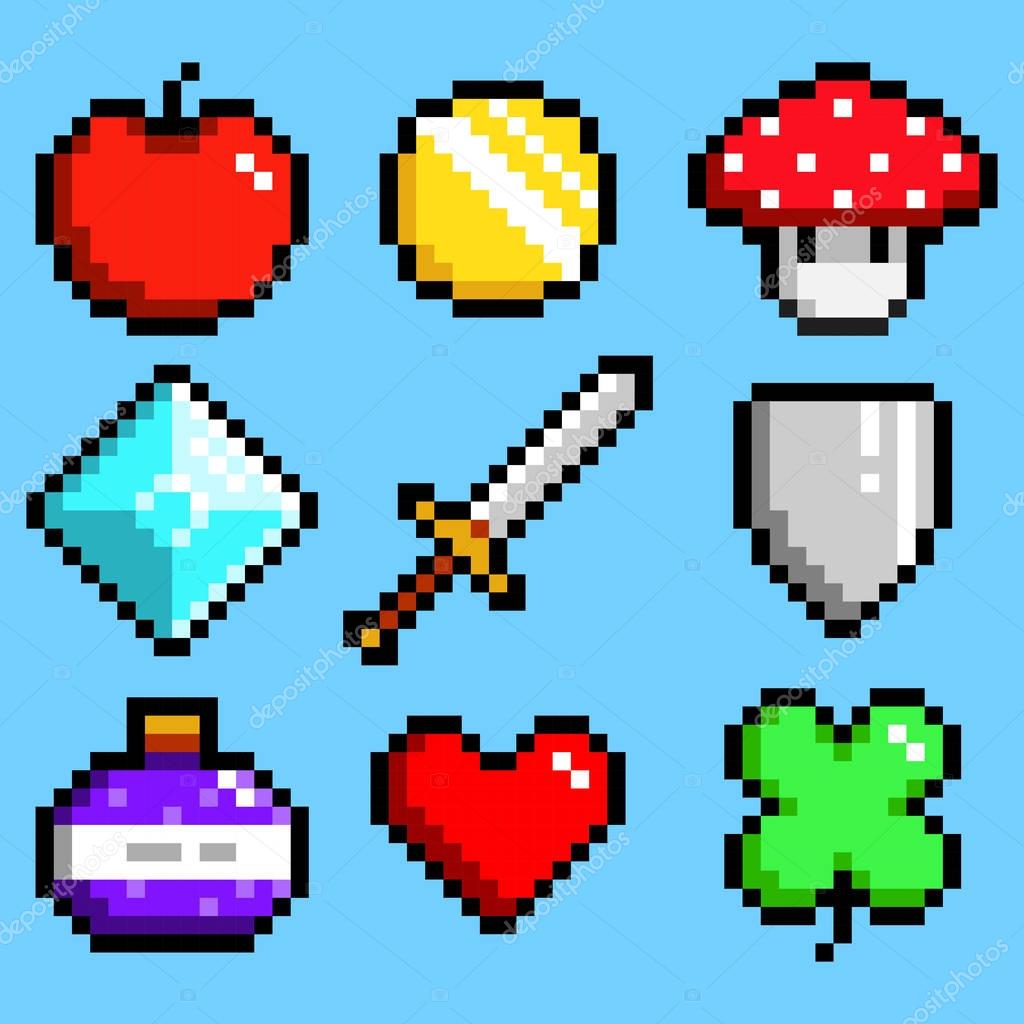Set of minimalistic pixel art vector objects isolated. game 8 bit style. minimalistic pixel graphic symbols group collection. apple, coin, mushroom, diamond, sword, shield, potion, heart, lucky clever