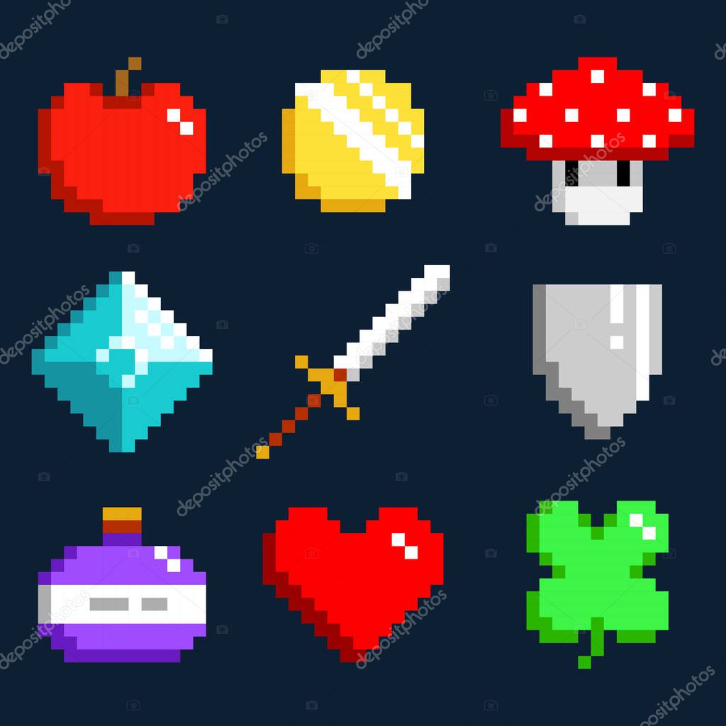 Set of minimalistic pixel art vector objects isolated. game 8 bit style. minimalistic pixel graphic symbols group collection. apple, coin, mushroom, diamond, sword, shield, potion, heart, lucky clever