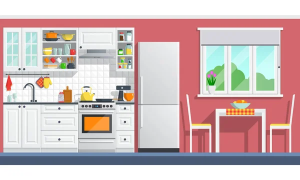 Muebles de cocina con electrodomésticos en una pared roja . — Vector de stock