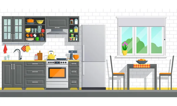 Muebles de cocina con electrodomésticos en una pared de ladrillo blanco . — Vector de stock