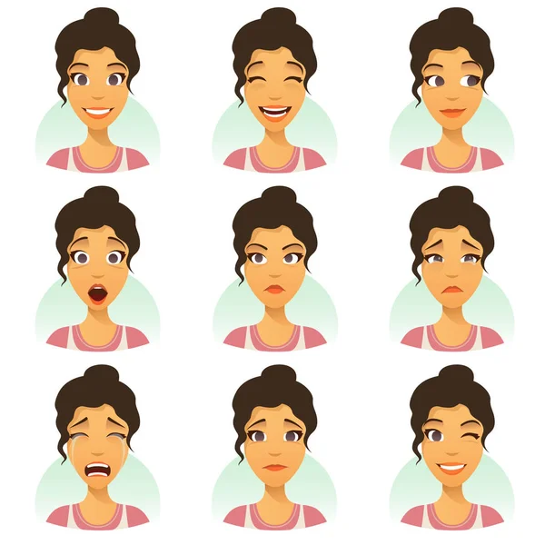 Mujer con expresiones faciales conjunto . — Vector de stock