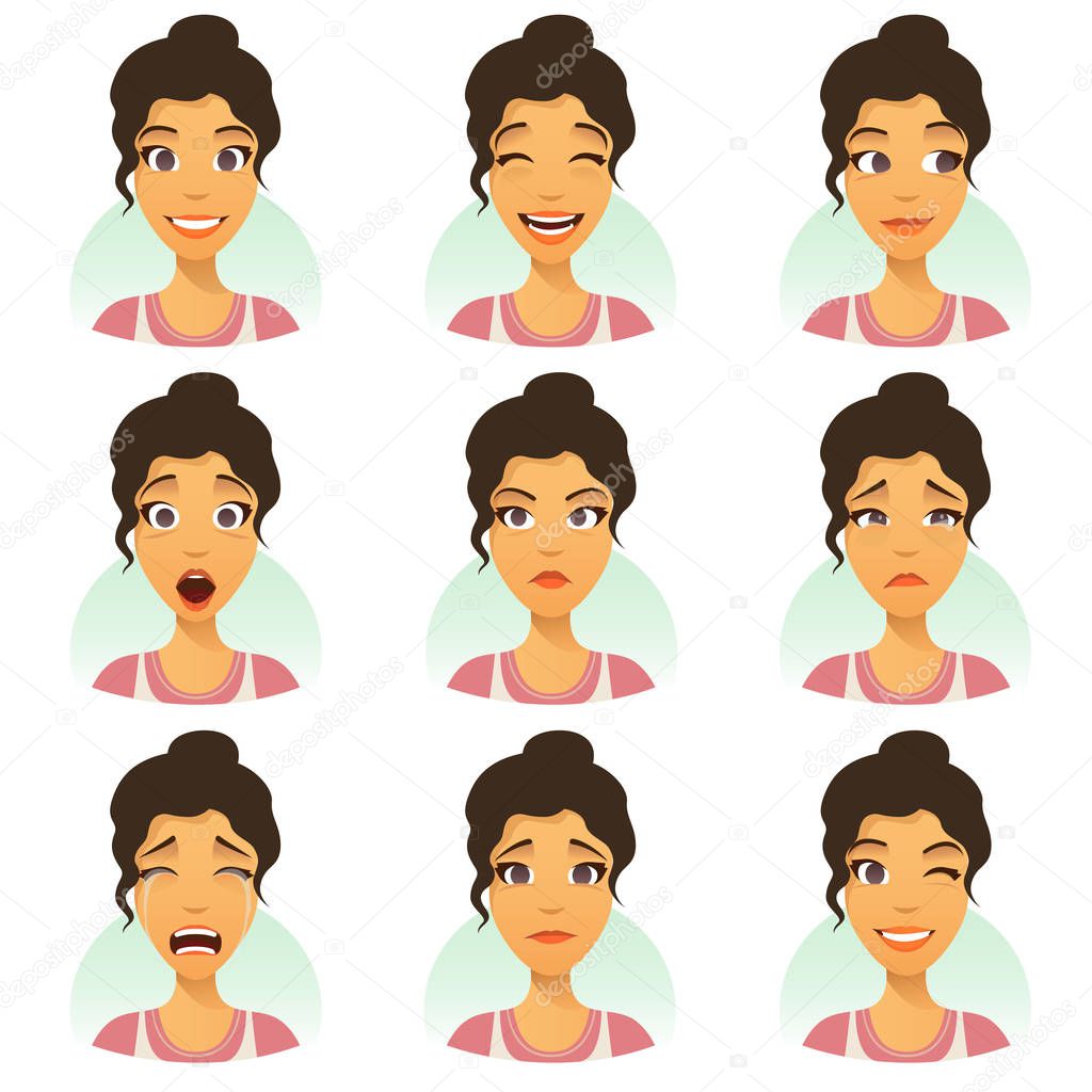 Woman with facial expressions set.