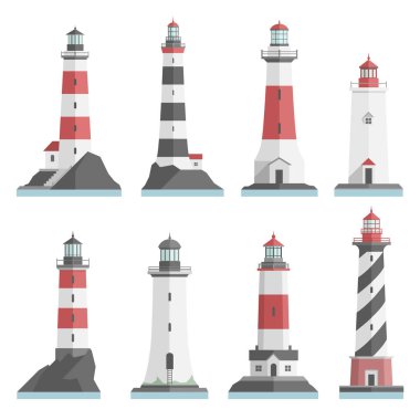 Big set flat lighthouses isolated. clipart