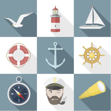 Gölgeler ile deniz düz simgesi nesneleri kümesi.