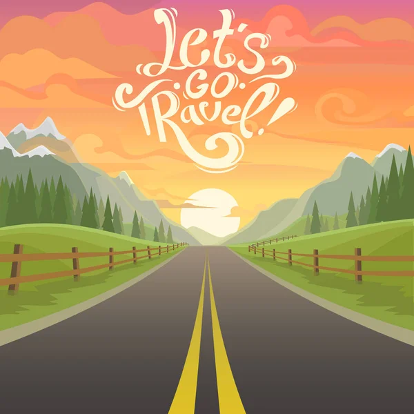 Autopista con hermoso paisaje de salida del sol . — Vector de stock