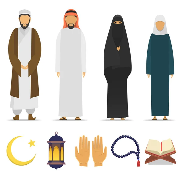 Set of Islamic religious people and ritual objects flat icon. — Stock Vector