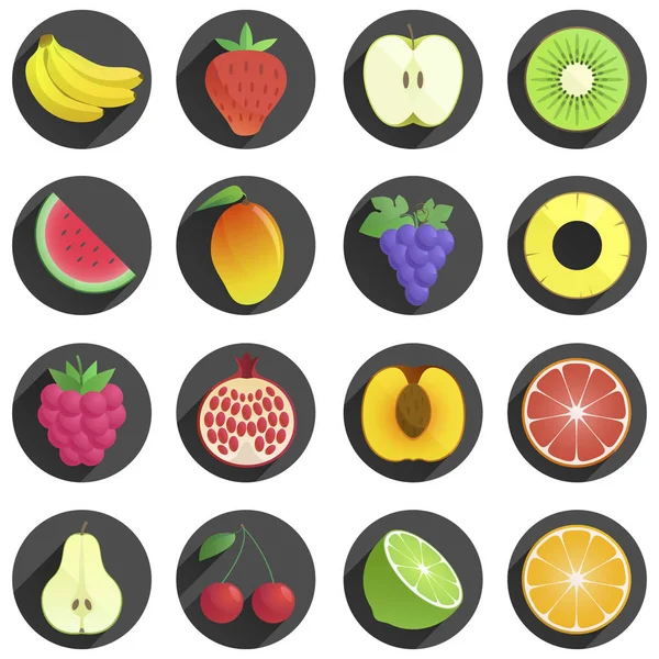 Uppsättning av frukter och bär platt med skugga ikoner. — Stock vektor