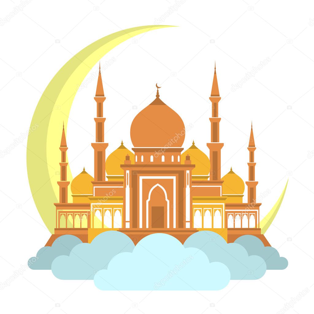 Muslim mosque on clouds with month icon.