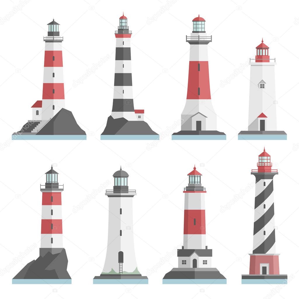Big set flat lighthouses isolated. Red, black, white lighthouse on water. minimalism. flat buildings icon. architecture objects. old and modern. low, high, small, big lighthouse.